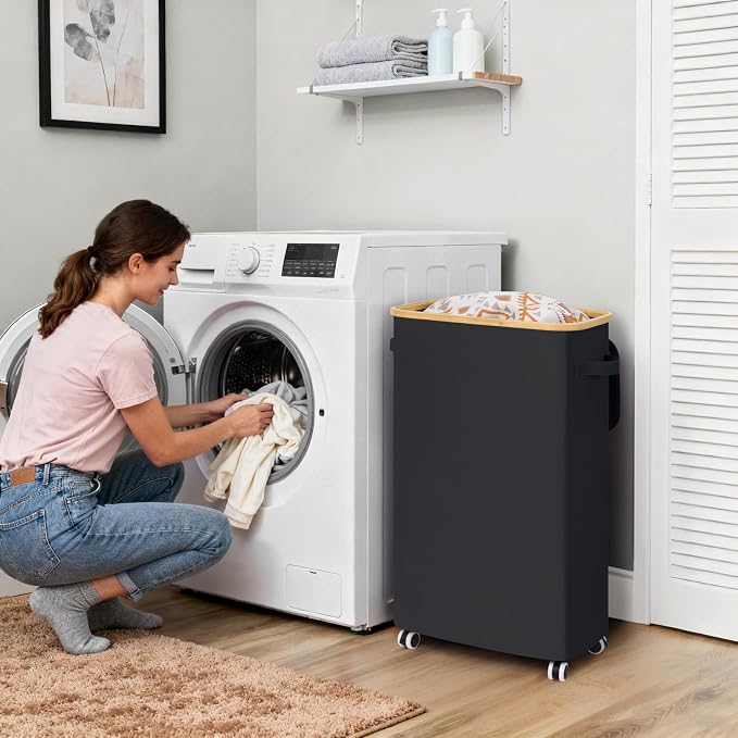 Goodpick 75L Slim Rolling Laundry Hamper with Bamboo Frame, Black | 17 × 9.8 × 29.5 in, Lid Design, Removable Laundry Bag, Bedroom, Bathroom & Home Decor, Clothes & Bedding Storage
