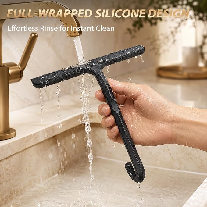 Silicone Shower Squeegee for Shower Glass Doors with Built-in Hook - One-Piece Seamless Bathroom Squeegee, Streak-Free Window Squeegee Cleaner Tool for Mirror, Tile, Countertop, Car Windshield (Black)
