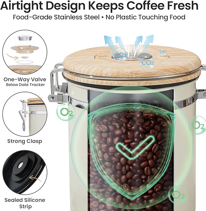 Veken Coffee Canister, Airtight Stainless Steel Kitchen Food Storage Container with Date Tracker and Scoop for Beans, Grounds, Tea, Flour, Cereal, Sugar, Cookie, 16OZ, Cream