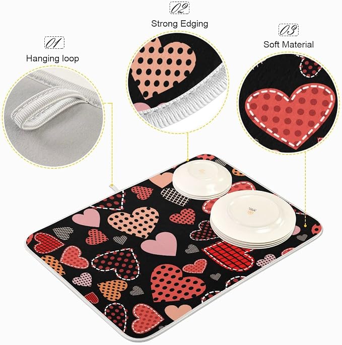 Happy Valentine's Day Love Heart Black Dish Drying Mat for Kitchen Valentines Day Microfiber Drying Mats Absorbent Reversible Dish Pad Medium Dish Draining Mat 16x18 inch