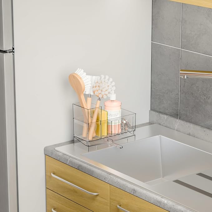 Yieach Clear Kitchen Sponge Holder for Sink,Acrylic Sponge Caddy for Kitchen Sink with Brush Holder,Rustproof Kitchen Sink Organizer for Sponge, Soap Dispenser Storage Accessories and Self Drain Tray