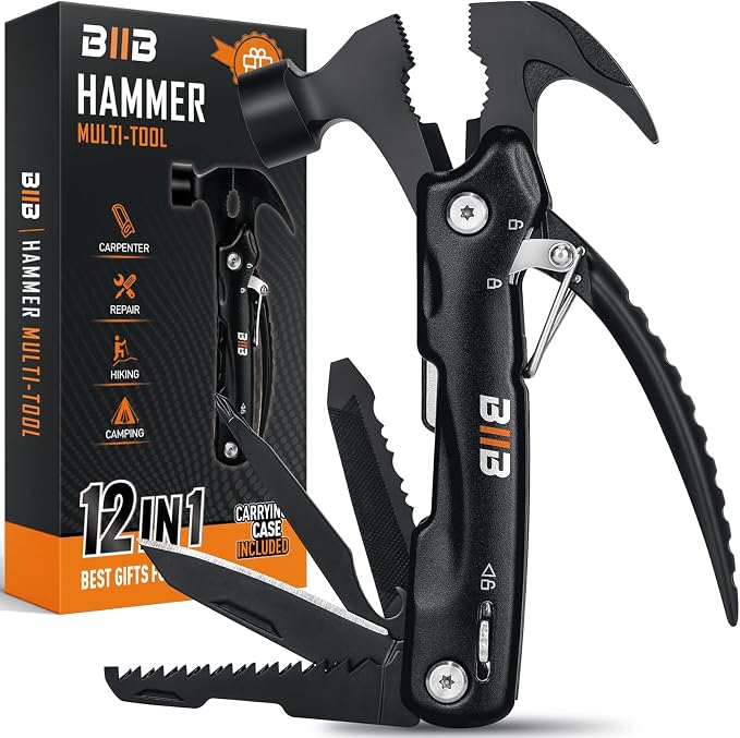 BIIB Gifts for Men, 12 in 1 Hammer Multitool, Stocking Stuffers for Men | Anniversary Birthday Gifts for Mens, Camping Essentials Survival Tool, Mens Gift for Him Dad Husband, Dad Gift for Christmas