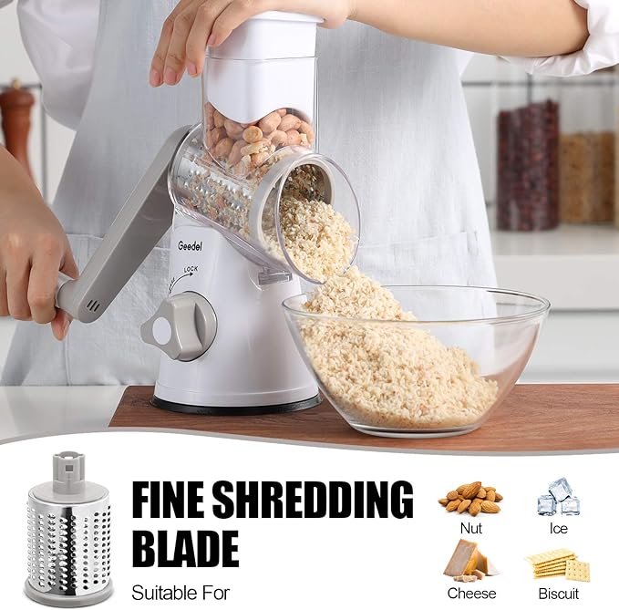 Geedel Rotary Cheese Grater, Kitchen Mandoline Vegetable Slicer with 3 Interchangeable Blades, Easy to Clean Rotary Grater Slicer for Cheese, Vegetables, Nuts