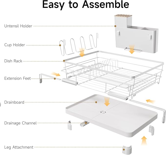 Runnatal Dish Drying Rack, Extendable Dish Rack Over Sink, Large Stainless Steel Dish Strainer with Drainboard, Utensil Holder & Cup Holder for Kitchen Counter, White