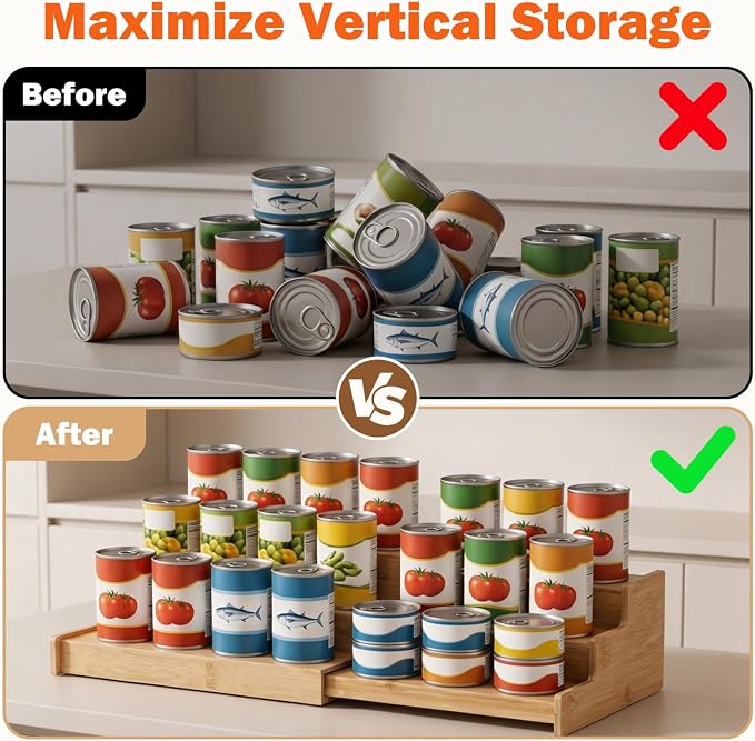3-Tier Expandable Bamboo Can Rack Organizer for Kitchen Pantry,Expands in Width 13 to 22.8 Inches,for Cans,Spice Jars & Snacks,22 lb Easy-View Cabinet Countertop Shelf