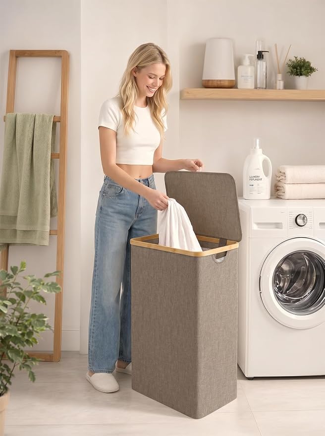 IEGrow Laundry Hamper with Lid,110L Laundry Basket with Mesh Bag,Brown | Dirty Clothes Hamper Basket with Bamboo Handle for Clothes Towels Organization