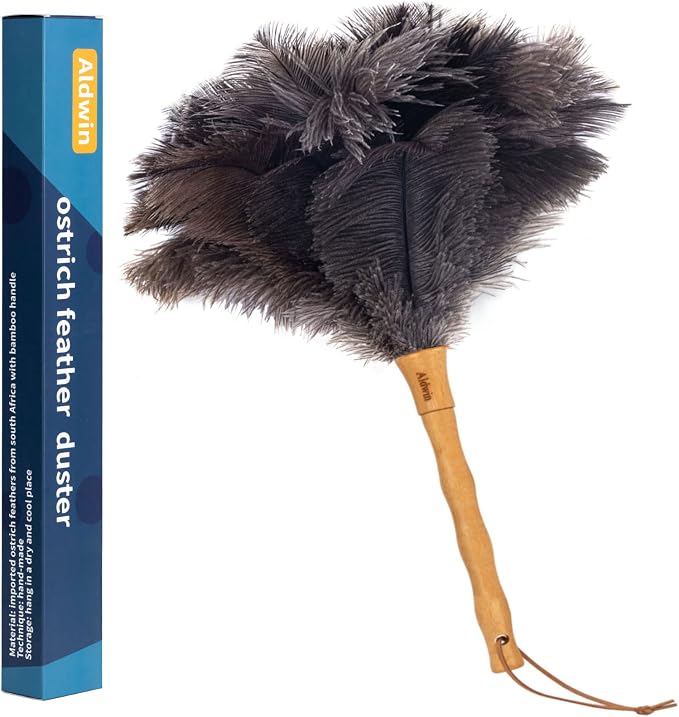 Aldwin 16" Gray Ostrich Feather Duster for Cleaning with Wooden Handle | Genuine Natural Fluffy Ostrich Feather Handheld Duster, Reusable and Washable, Cleaning Supplies for Home, Car, Office, Desk