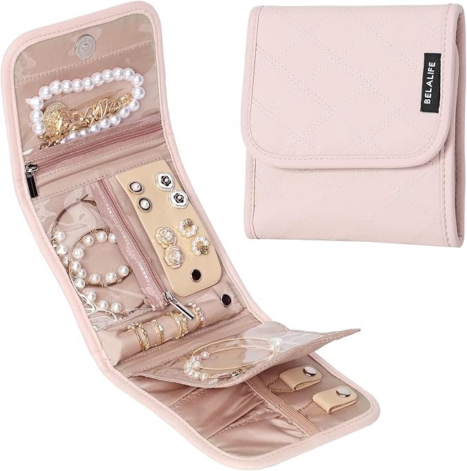 BELALIFE Travel Jewelry Case, Jewelry Organizer Roll for Accessories | Bag with foldable roll design for earrings, necklaces, rings, bracelets and brooches,Pink