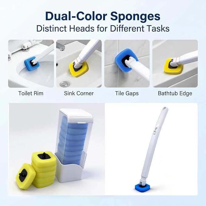 Disposable Toilet Bowl Brush with 12 Refills, Plastic Handle, Blue and Yellow, Dual-Color Sponge Heads, Toilet Cleaning Starter Kit (Yellow Refills)