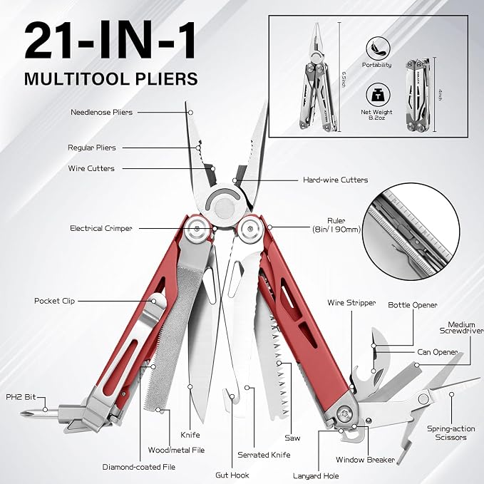 Multitool, 21-in-1 Multi Tool Pliers with Safety Locking and Spring-Action Scissors, Heavy-duty Stainless Steel Multi-tool Set with Nylon Sheath for Work, Home, Garden, DIY & Auto, Brick Red