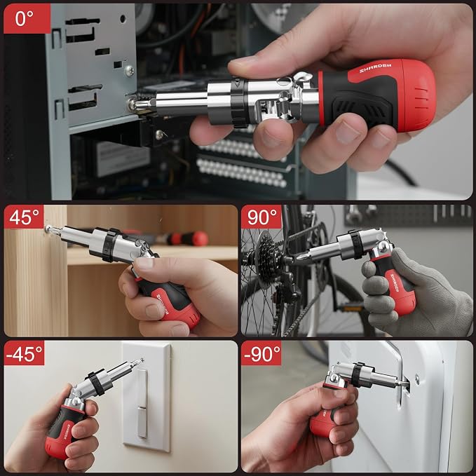 8 in 1 Stubby Ratcheting Screwdriver, Multi Bit Screwdriver Tool | All in One with 6 CRV Bits Phillips, Slotted, Torx,180 Degree Pivoting Adjustable Angle Screw Driver Set for Tight Spaces