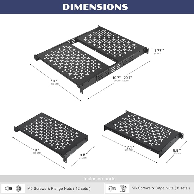 1U Rack Shelves (2-Pack), 2 PCS 10" Deep Cantilever, with Optional Joints to Combine as One Full Size Server Rack Shelf