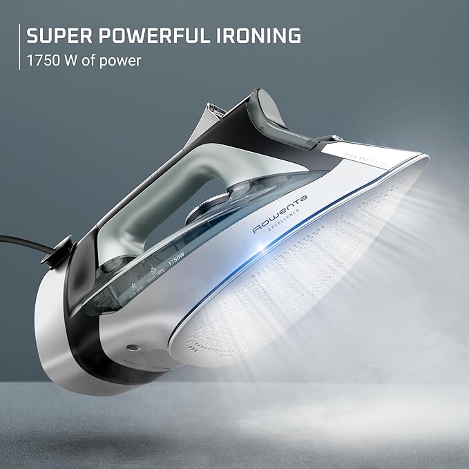 Rowenta Iron, Focus Excellence Stainless Steel Soleplate Steam Iron for Clothes, Retractable Cord, 400+ Microsteam Holes, Powerful steam, LED Display, 1750 W Ironing Clothes, Cordreel, Green DW5432