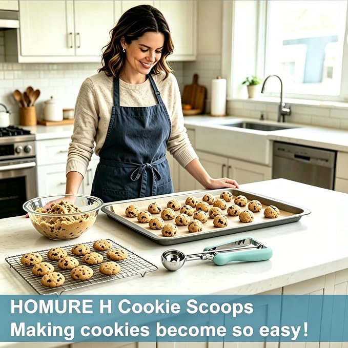 HOMURE H Cookie Scoop Set, Include 1 Tbsp/2 Tbsp/3 Tbsp, Cookie Dough Scoop, Cookie Scoops for Baking Set of 3, Mellon Baller Scoop, Mint Handle, Non-Slip, For Cookies Cupcake Muffin Ice Cream waffle