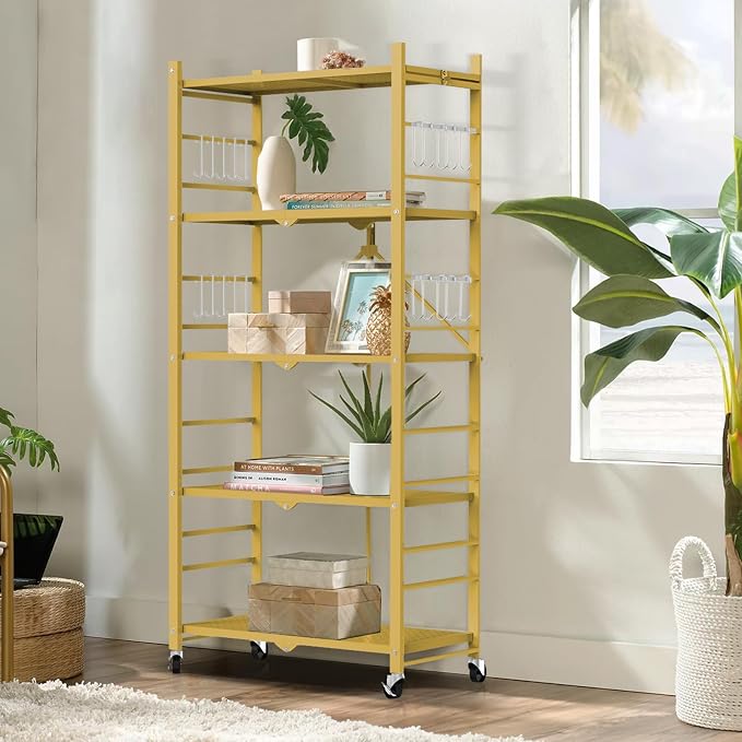 Himix Storage Shelves with 20 Hooks, 5-Tier Foldable Shelves for Storage, Folding Shelf Unit Pantry Shelves with Wheels, Standing Shelving Unit for Kitchen Garage Home Office Room Greenhouse, Gold