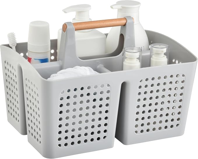 Portable Shower Caddy Basket with Wood Handle, 3-Compartment Bathroom Organizer Tote with Drain Holes, Plastic Shower Basket for Dorm, Toiletries, Cleaning Supplies,Light Gray