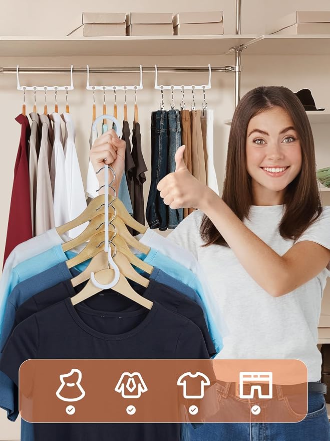 HOUSE DAY Space Saving Hangers 20 Pack, Closet Organizers and Storage | Sturdy Cascading Hangers with 5 Holes, Multi Hangers in One Magic Multipurpose Hangers, College Dorm Room Essentials - White