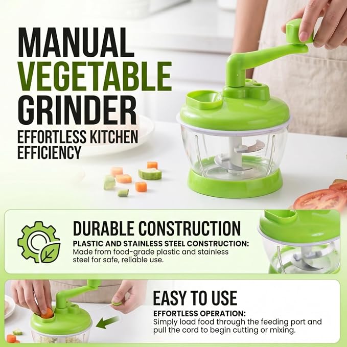 Manual Food Processor, Hand Operated Vegetable Chopper, Meat Grinder for Kitchen, Fruits, Onions | Stainless Steel Blade, Compact, Easy to Clean, Vegetable Chopper, Meat Grinder, Simple Operation, Fruits, Onions, Kitchen