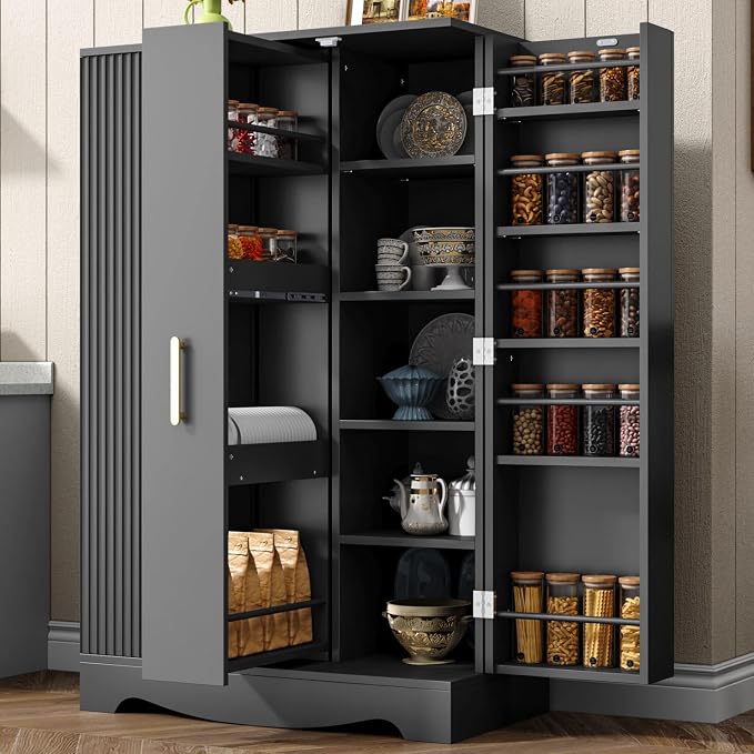 kepptory 47“ Black Kitchen Pantry Cabinet with 3 Doors, Adjustable Shelves, | Pull-Out Side Spice Racks, Freestanding Food Storage Cupboard for Kitchen, Dining Room, Living Room