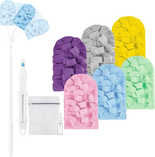 Reusable Duster Refills, Washable Duster for Swiffer (6 PCS) | with 3 Ft Extendable Handle, Reusable Microfiber Pads for Cleaning Fan, Floor, Blind, Include 1 Laundry Bag & Spray Bottle