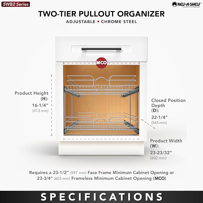 Rev-A-Shelf Pullout Organizer for Cabinets, Min Opening Width of 24" | Two-Tier Steel Shelf for Kitchen or Vanity Cabinet Organization, Heavy Gauge Wire Slide Out Storage Basket, 5WB2-2422-CR-1
