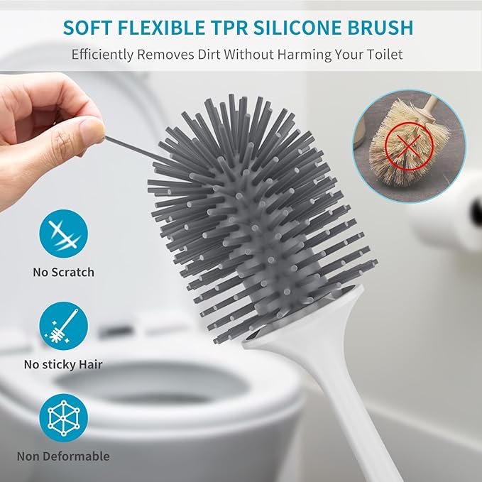 Silicone Toilet Brush and Holder Set, Toilet Bowl Brush with Tweezers Long Handle, Toilet Cleaner Brush for Bathroom Deep Cleaning, Elegant Toilet Scrubber Bathroom Accessories (Light Gray)