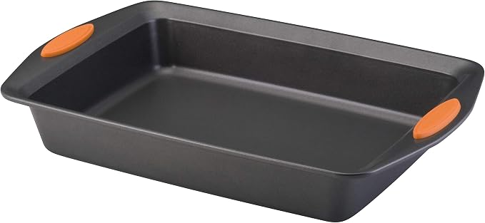 Rachael Ray Yum-o! Nonstick Bakeware Oven Lovin' Rectangle Cake Pan, 9-Inch by 13-Inch, Gray with Orange Handles