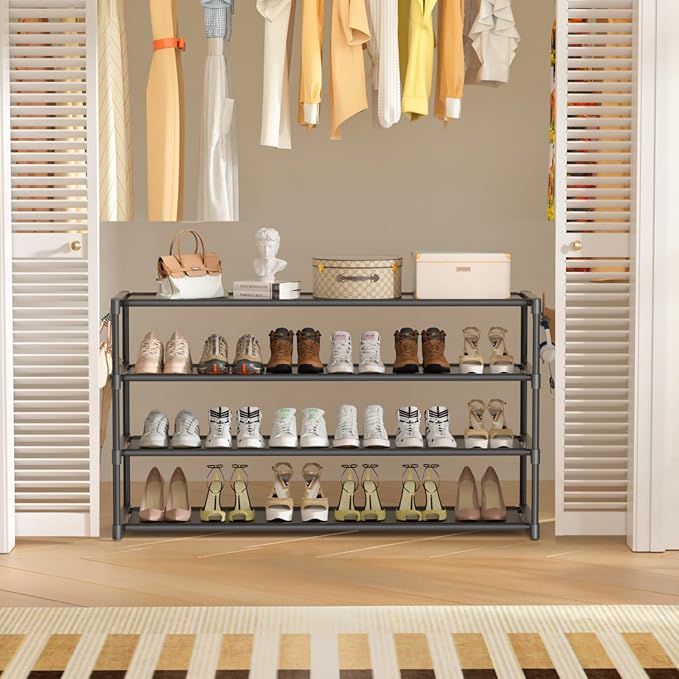 LUKYTOWER Extra Long Shoe Rack 4 Tier with 2 Hooks Shoe Storage Organizer | Wide Stackable Shoe Racks for Closet, Entryway,Shoe Shelf Stand Sturdy Durable Shoes Holder Save Space Up to 26Pairs