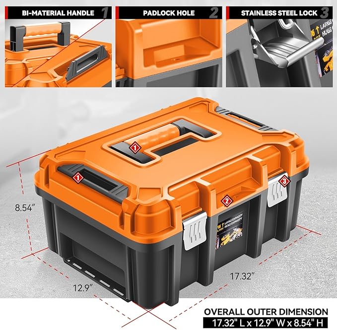 Auto Dynasty 17-Inch Tool Box, 2Pcs Toolboxes Organizer Storage with Removable Tray and Portable Handle for Garage Workshop Home Office Car Trunk, Orange