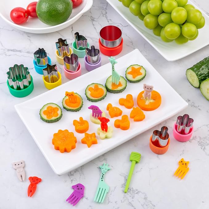 Fruit Cutters Shapes for Kids 22 Pcs, Mini Cookie Cutters Set, Vegetable Cutter with Food Picks | Mini Cookie Cutters Set, Stainless Steel & PP Plastic, Smooth Edge, Vegetable Cutter with Food Picks
