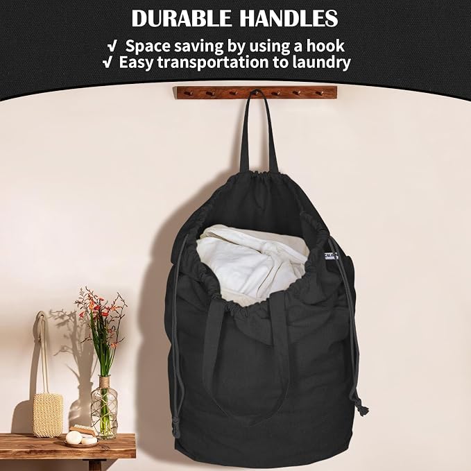 Canvas Laundry Bags with Handles & Square Base 16"Wx16"D x27.6"H, Black | Extra Large Heavy Duty Laundry Basket Hamper Liner Replacement, Washable Drawstring Dirty Clothes Bag, Canvas Storage Sack