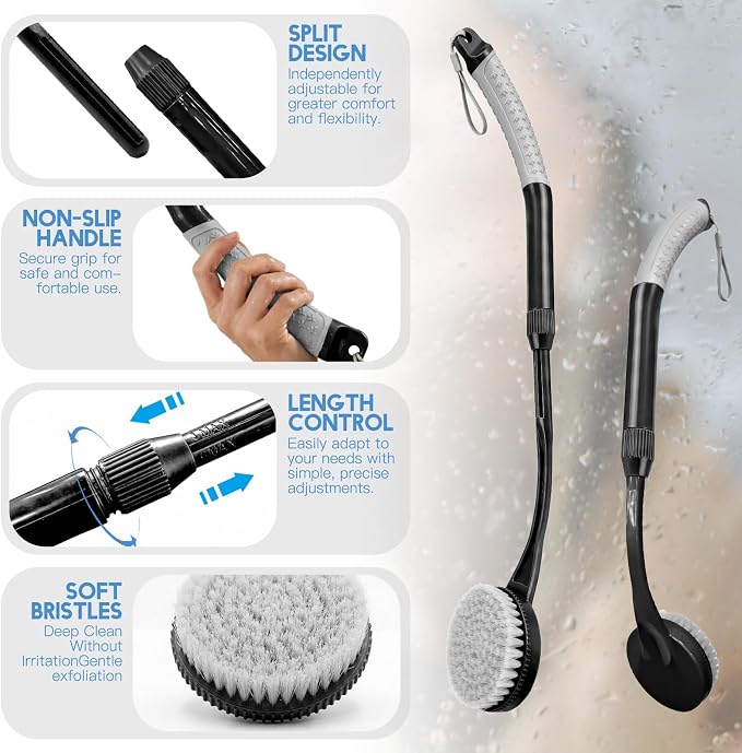 Back Scrubber for Shower, Long Handle Bath Brush with Soft Bristles, Adjustable Shower Brush for Body Exfoliating & Dry Brushing, Non-Slip Ergonomic Handle, Removable Head for Men & Women