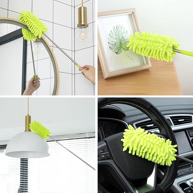 Duster for Cleaning, 10-29" Extension Pole, 2 Washable Heads, Green | Microfiber Heads, Wet Or Dry, Detachable, Hand Washable, Easy Storage, For Cars, Offices, Windows, Furniture And Ceiling Fans