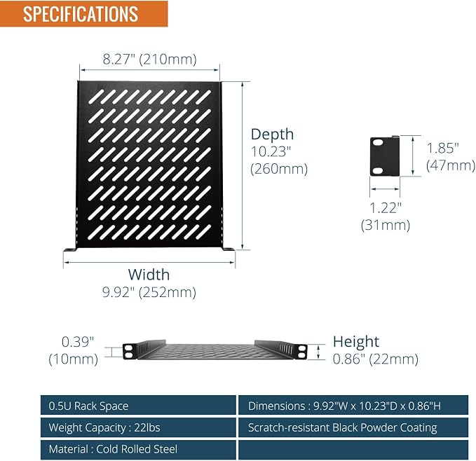 Tecmojo 0.5U Rack Mount Shelf for 10" Server Rack, 10.23" Deep Vented Cantilever Tray, Metal Shelf for Network Cabinet, Server Enclosure, Enhanced Airflow, Black
