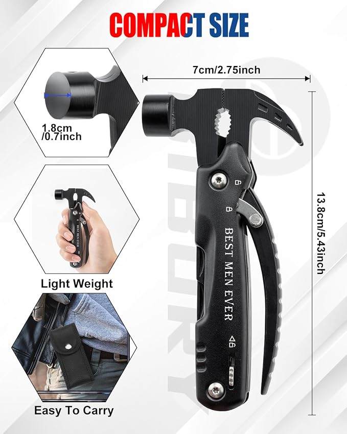 BIBURY Gifts for Men, 12 in 1 Multitool Hammer with 18 in 1 Snowflake Tool | Camping Essentials Survival Gear Tool, Safety Lock, Pocket Knife, Gifts for Men Him Dad, Cool Gadgets for Husband Boyfriend