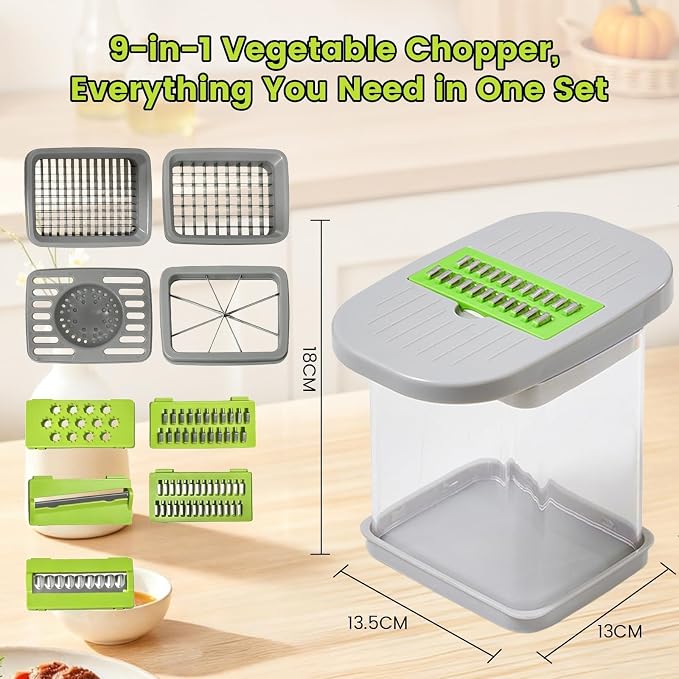 Vegetable Cutter,Food Chopper Manual Hand,for Potato Cutter & Fry Slicer - Functions as Potato Dicer,Onion Dicer,Veggie Shredder with 9 Blades,Easy to Clean, Dishwasher Safe-Essential Kitchen Gadgets