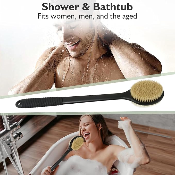 Back Scrubber for Shower, Anti-Slip Long Handle Shower Brush with Soft & Stiff Bristles, Body Exfoliator for Shower, Bath, or Dry Use (Black)