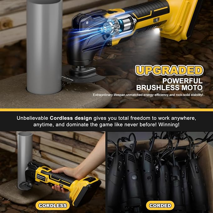 Cordless Oscillating Tool for Dewalt 20V Battery,6 Variable Speed Brushless-Motor Tool,22Pcs Oscillating Multi Tool Kit for Cutting Wood Drywall Nails Remove Grout & Sanding(Tools Only)