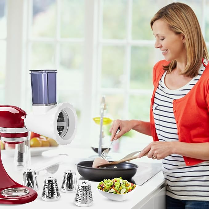 Upgraded Version - Cheese Grater Slicer Shredder Attachments for All KitchenAid Stand Mixers, Food Slicers Salad Maker Accessory Vegetable Chopper with 4 Blades Dishwasher Safe