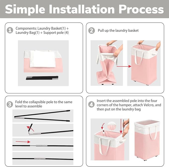 Goodpick 2-Pack Laundry Hamper with Wheels, Dorm Essentials for Girls,75L | Laundry Hamper with Wheels, Collapsible Laundry Basket, Rolling Laundry Hamper with Handle for College Dorm, Pink & White