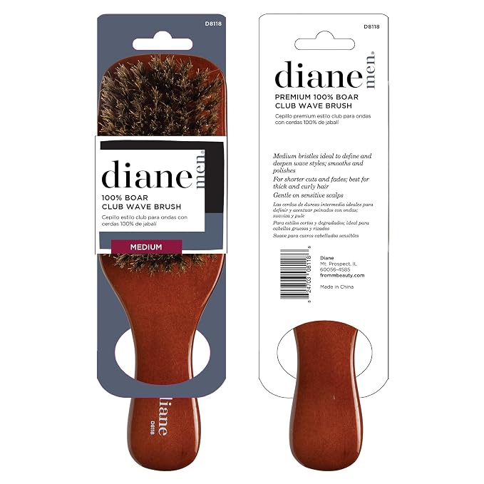 Diane Premium 100% Boar Bristle Club Wave Brush for Men and Barbers – Medium Bristles for Thick Coarse Hair – Use for Detangling, Smoothing, Wave Styles, Soft on Scalp, Restore Shine and Texture