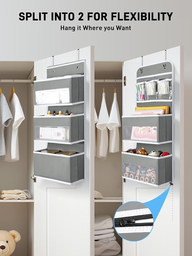 Yecaye Over the Door Storage Organizer for Nursery Closet 6 Tier Grey | 2 in 1 Swing-proof Hanging Bathroom Storage Organization, Bedroom Organizer and Storage for Newborn Baby Essentials