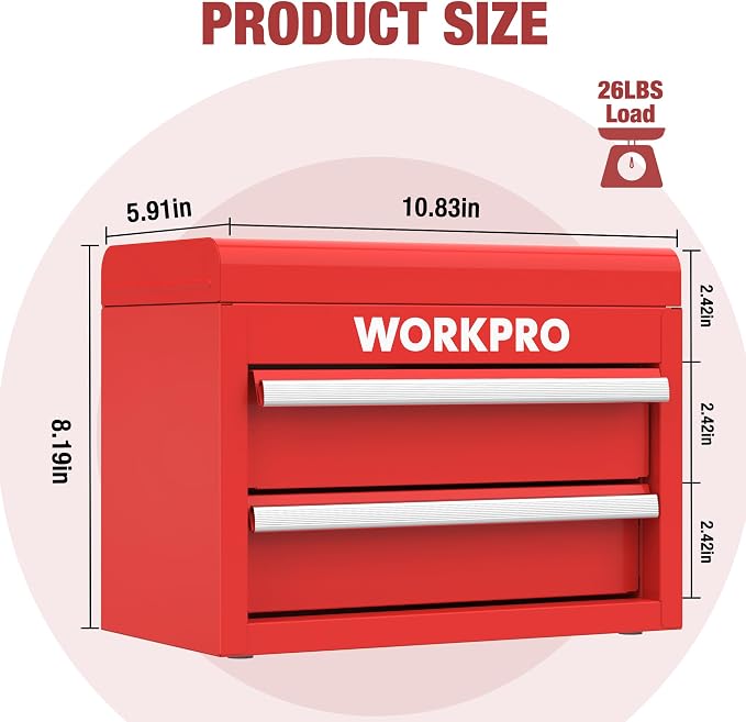 WORKPRO Mini Metal Tool Box with 2 Drawers and Top Storage | Cold Rolled Steel, Small Tool Chest, PVC Liners, PP Feet Pads, Drawer Liners & Magnetic Tabs