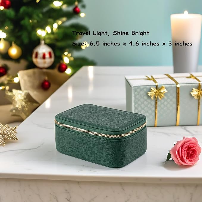 VLANDO Travel Jewelry Box Organizer – Portable PU Leather Jewelry Case with 6/8/12 Zippered Pouches, Compact Storage for Earrings Rings Necklaces Bracelets, Dark Green