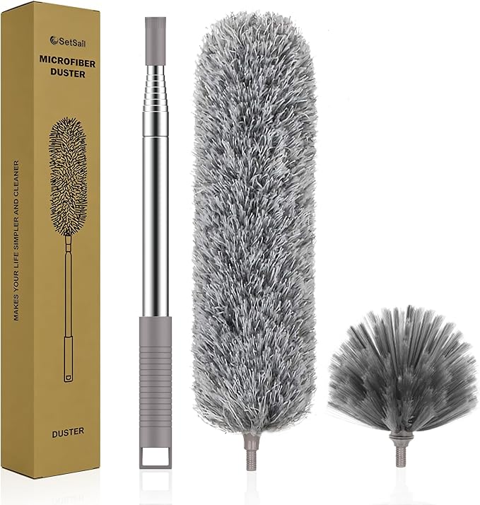 SetSail Dusters and Cobweb Brush with Extension Pole for Cleaning, Gray | 100-inch Extra-Long,Bendable Microfiber Head,Washable Ceiling Fan Cleaner Duster Kit,for High Ceilings, Corner