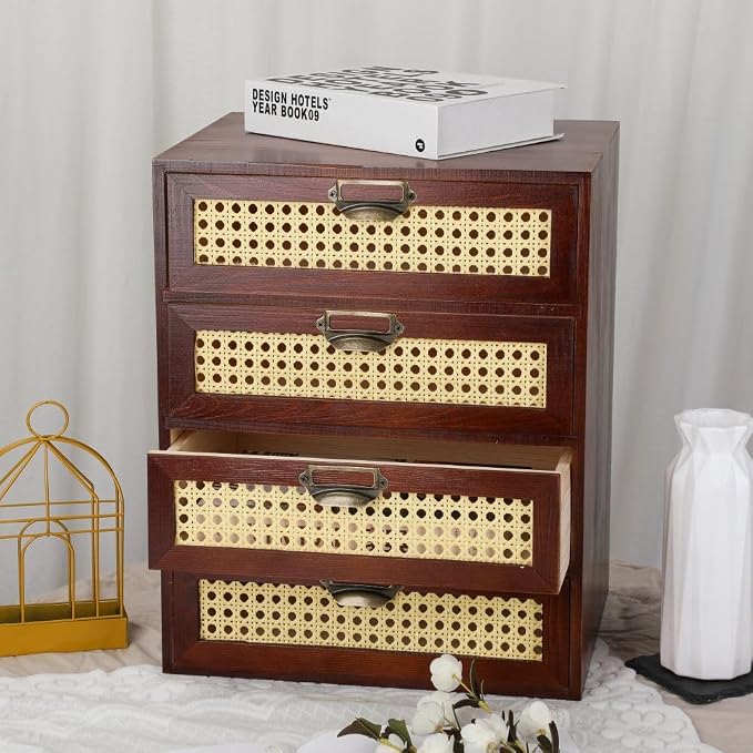 GoooodGIFT Wooden Drawers Large Wooden Box with Drawer, Brown | 4 Drawer Wood Storage Box , Vintage Desktop Organizer with Drawers, Desk Organizers for Library Card Catalog Cabinet