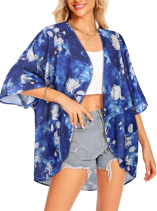 Women Kimono Cardigans Summer Cover Up Hawaiian Shirts Floral Print Tops | ROSEMIA chiffon kimono open front cardigans, beach cover ups, daily casual tops, cruise outfits, summer resort wear
