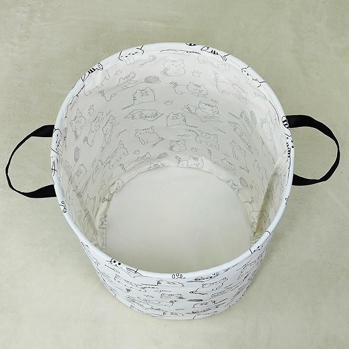 Round Laundry Basket Collapsible Storage Hamper Organizer Cat | Waterproof Canvas Foldable Baskets with sturdy Handles Multi-scene Organizer for Home Play Bedroom Gift Bin
