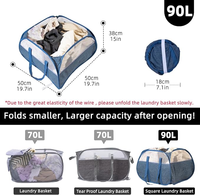 Collapsible Laundry Basket, 90L Tear Proof Mesh Pop-up Hamper 2PCS | Foldable Storage Clothes Bag with Reinforced Handles for Laundry, Bathroom, Dorm, Travel, Camping, Space-saving, Blue