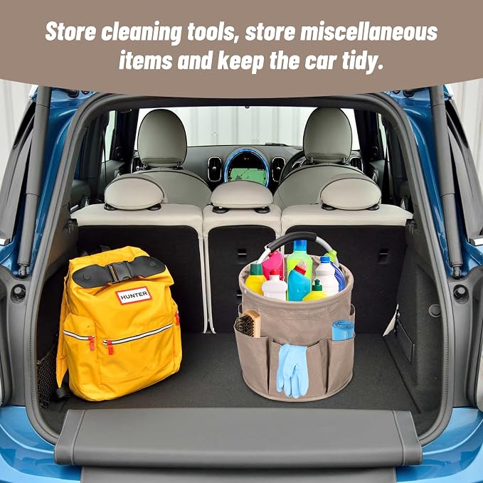 mumisuto Wearable Cleaning Caddy，Cleaning Supplies Organizer Foldable Basket Bucket Tool with Handle Cleaning Bag for Cleaning Professionals, Auto Detailers, Housekeepers (Khaki)